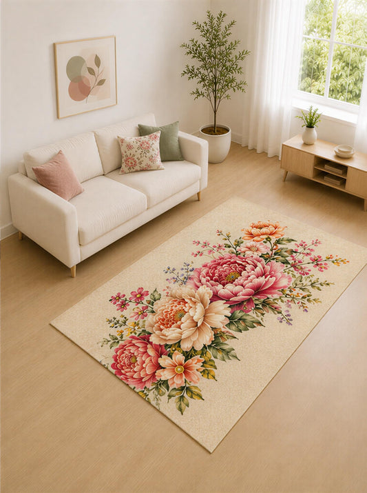 ICE ARMOR "Ultra Lightweight 5' x 7' Beige and Pink Peony Trail Area Rug for Living Room, Bedroom and Home Office, Soft Low Pile Carpet with Non-Slip Silicone Backing