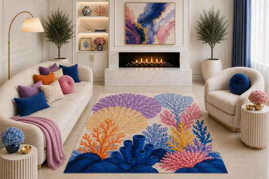 ICE ARMOR "Ultra Light Weight 5' x 7' Colorful Coral Garden Area Rug, Blue Purple Pink Coastal Ocean Botanical Art for Living Room Bedroom Beach House, Non-Slip Silicone Backing Low Pile