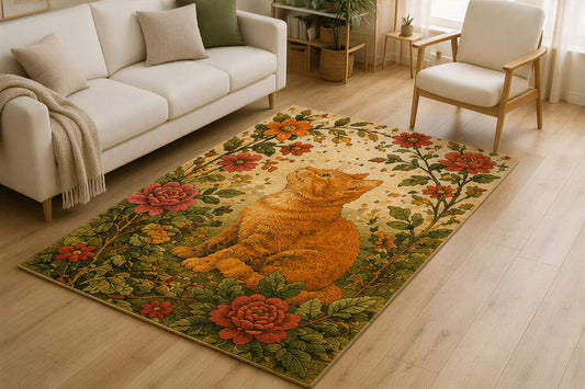 ICE ARMOR 5' x 7' Vintage Floral Cat Area Rug for Living Room, Soft Low Pile Indoor Rug with Non-Slip Silicone Backing, Cottage Garden Carpet for Bedroom, Nursery, Kids Room, Orange Cream
