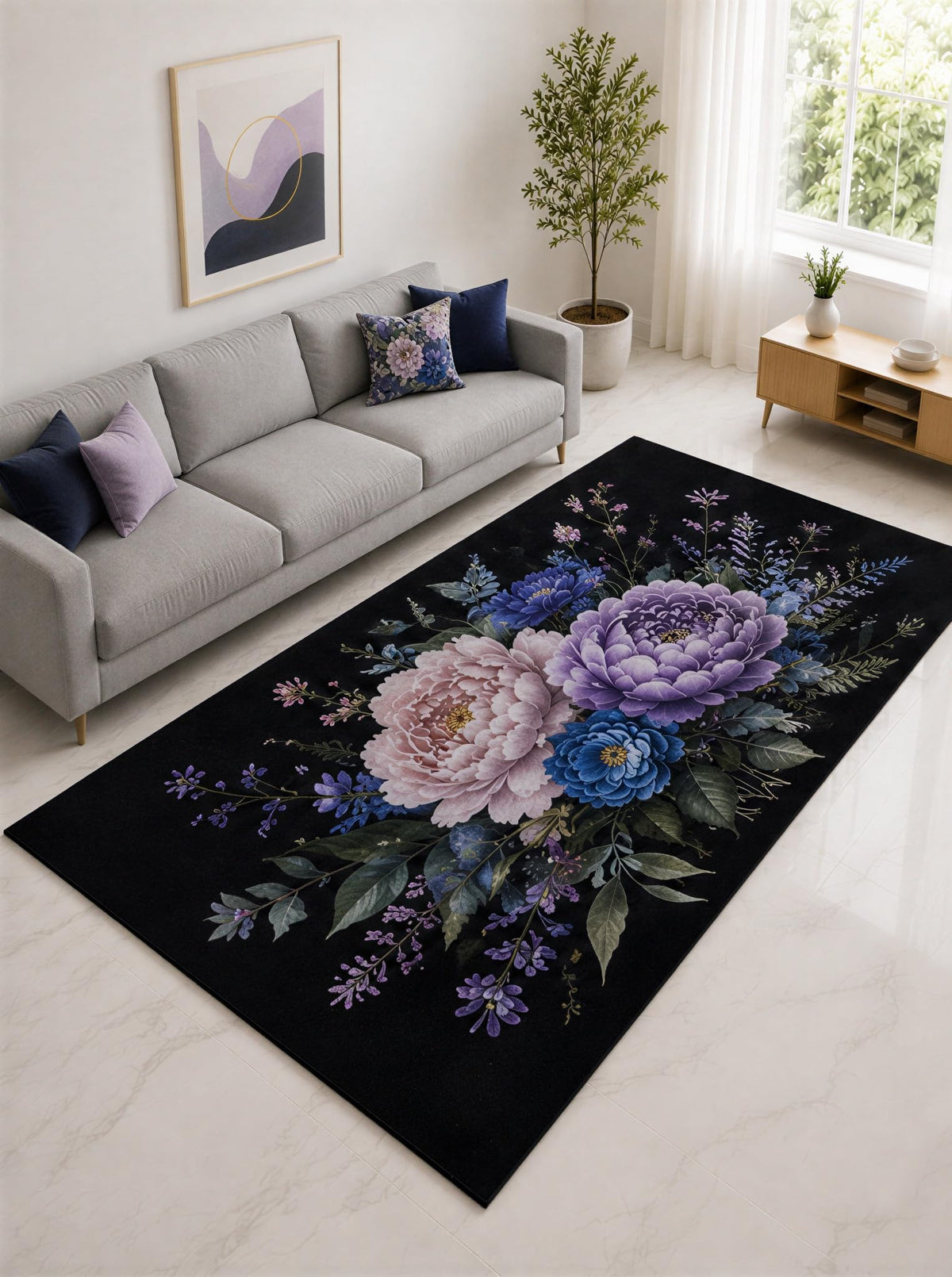 ICE ARMOR "Ultra Lightweight Large 6'7" x 9'10" Purple and Blue Peony Bouquet Area Rug for Living Room, Bedroom and Home Office, Soft Low Pile Carpet with Non-Slip Silicone Backing