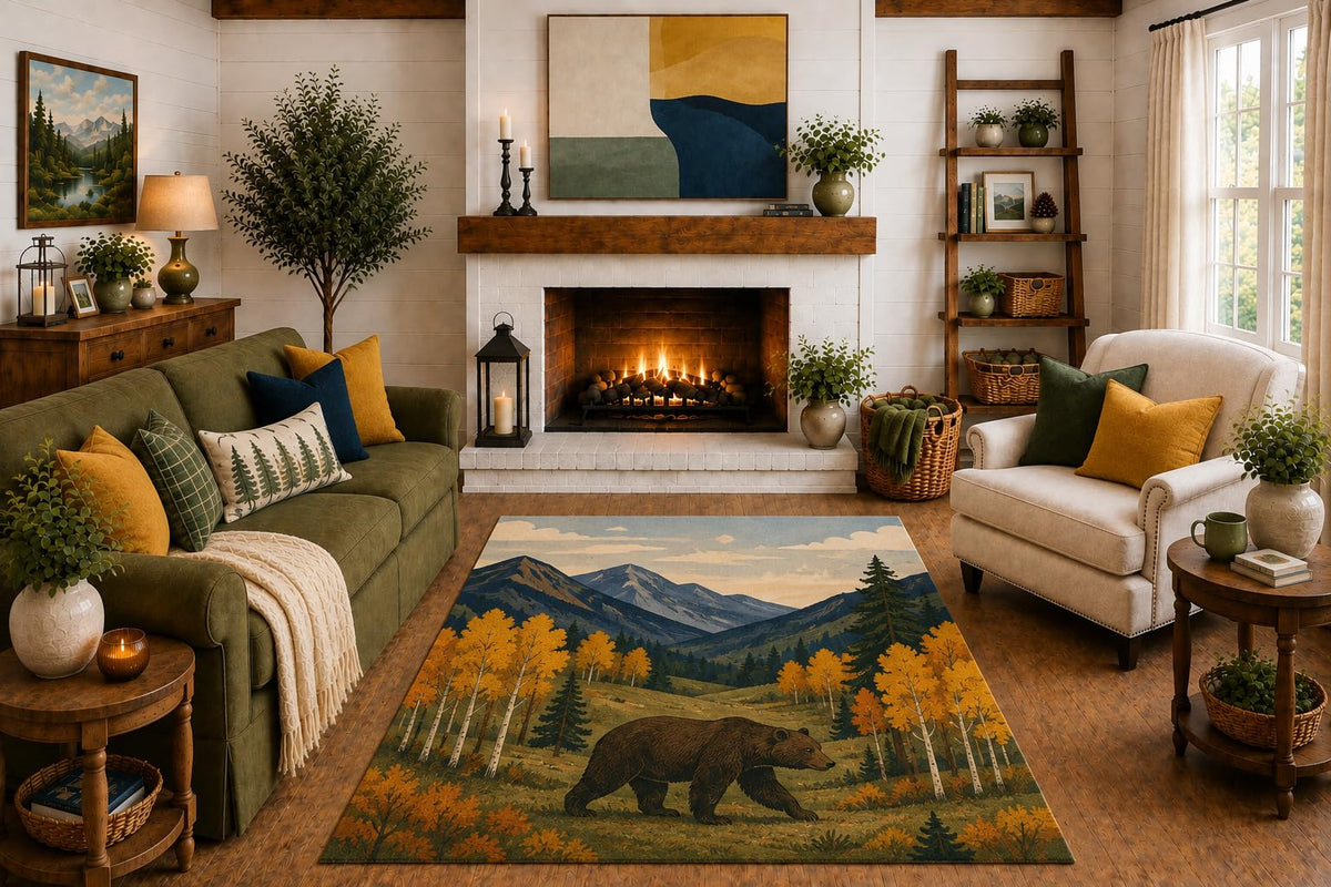 ICE ARMOR "Ultra Light Weight 5' x 7' Black Bear Autumn Area Rug, Rustic Aspen Mountain Forest Wildlife Art for Living Room Cabin Bedroom, Non-Slip Silicone Backing Low Pile