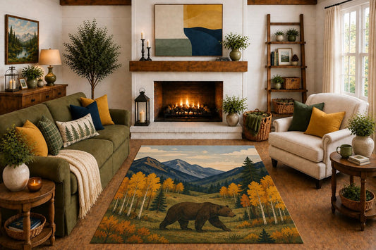 ICE ARMOR "Ultra Light Weight 5' x 7' Black Bear Autumn Area Rug, Rustic Aspen Mountain Forest Wildlife Art for Living Room Cabin Bedroom, Non-Slip Silicone Backing Low Pile