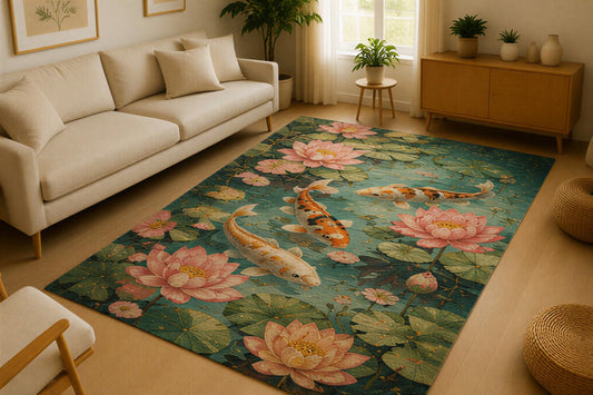 ICE ARMOR 5' x 7' Koi Fish Lotus Pond Area Rug for Living Room, Soft Low Pile Indoor Rug with Non-Slip Silicone Backing, Water Garden Decor for Bedroom, Dining Room, Family Room, Kids & Pets, Teal