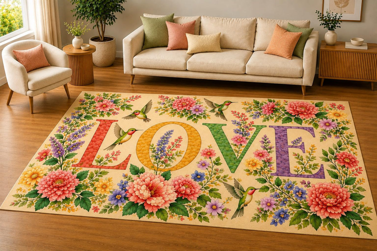ICE ARMOR 5' x 7' Hummingbird Floral Love Area Rug, Soft Low Pile Indoor Rug with Non-Slip Silicone Backing, Living Room, Bedroom, Family Room, Beige Pastel