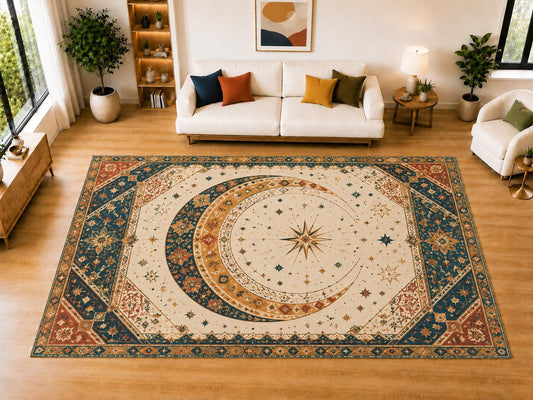 ICE ARMOR "Ultra Light Weight Large 6'7" x 9'10" Crescent Star Area Rug for Living Room Bedroom Dining Room, Soft Low Pile Non-Slip Backing, Teal Cream Orange Navy Celestial Decor
