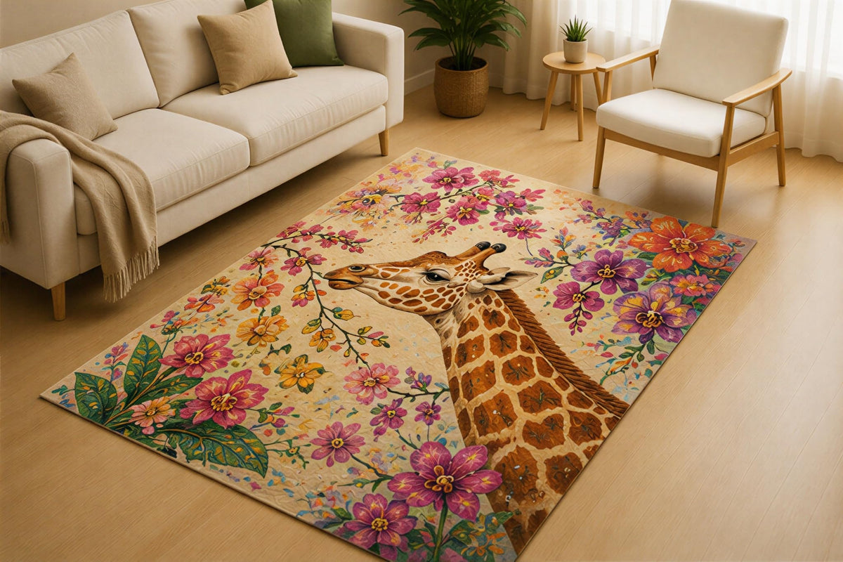 ICE ARMOR 5' x 7' Giraffe Wildflower Garden Area Rug for Living Room, Soft Low Pile Indoor Rug with Non-Slip Silicone Backing, Safari Carpet for Bedroom, Nursery, Kids & Pets, Beige Pink
