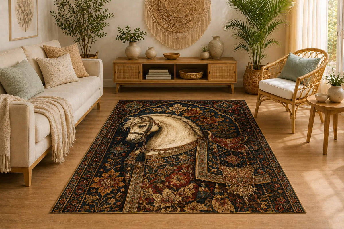 ICE ARMOR 5' x 7' Royal White Horse Area Rug, Soft Low Pile Indoor Rug with Non-Slip Silicone Backing, Decorative Carpet for Living Room, Bedroom, Dining Room, Office, Ornate Equestrian Design
