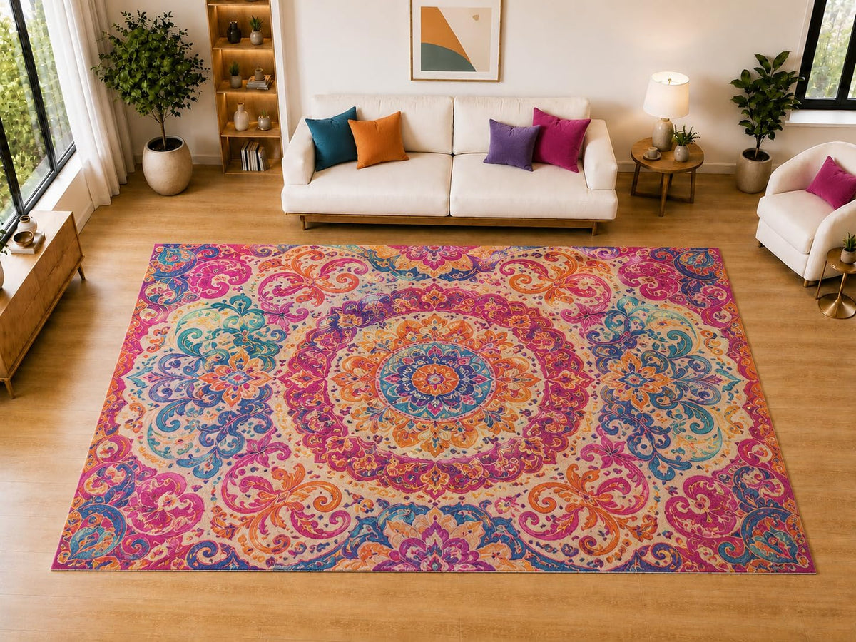 ICE ARMOR "Ultra Light Weight Large 6'7" x 9'10" Festival Mandala Scroll Area Rug for Living Room, Bedroom, Dining Room, Soft Low Pile Non-Slip Backing, Pink Orange Teal Purple