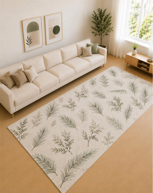 ICE ARMOR Large 6'7" x 9'10" Olive Green and Cream Pine Sprigs Area Rug for Living Room, Soft Low Pile Carpet with Non-Slip Silicone Backing, Decor for Bedroom and Home Office