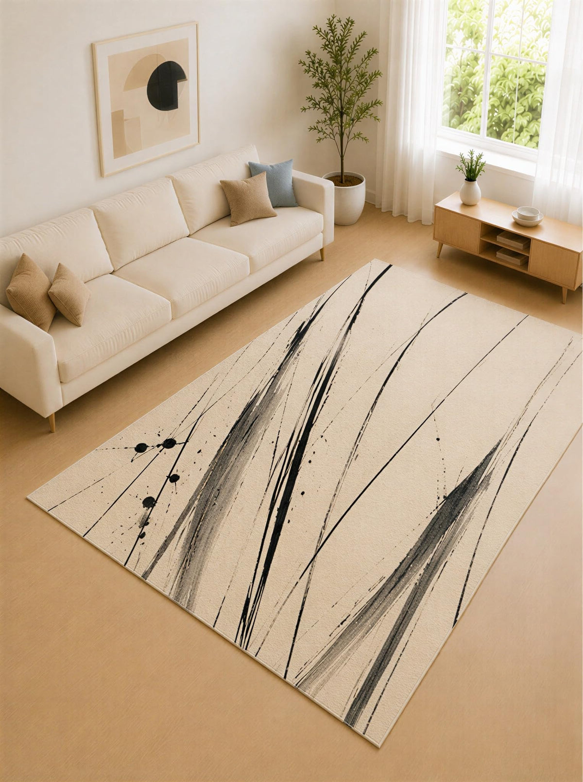 ICE ARMOR Large 6'7" x 9'10" Charcoal Gray and Cream Vertical Strokes Area Rug for Living Room, Soft Low Pile Carpet with Non-Slip Silicone Backing, Decor for Bedroom and Home Office