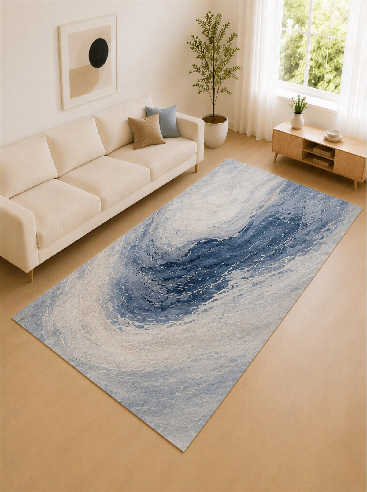 ICE ARMOR Large 6'7" x 9'10" Powder Blue and Ivory Spiral Tide Area Rug for Living Room, Soft Low Pile Carpet with Non-Slip Silicone Backing, Decor for Bedroom and Home Office
