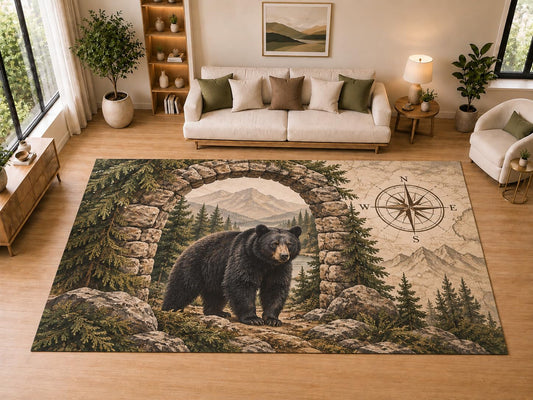 ICE ARMOR "Ultra Light Weight Large 6'7" x 9'10" Bear Compass Arch, Living Room, Bedroom, Dining Room, Office, Family Room, Soft Low Pile Indoor Rug, Non-Slip Silicone Backing, Brown