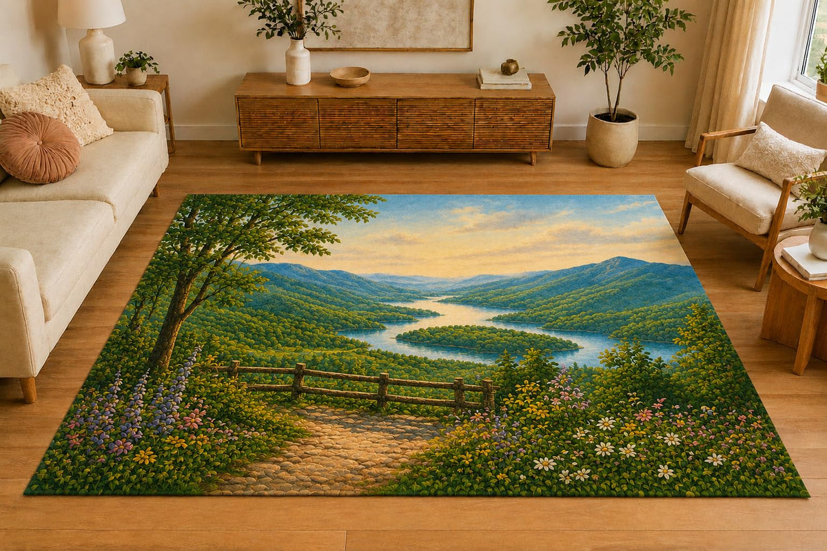 ICE ARMOR 5' x 7' Mountain Lake Overlook Area Rug, Soft Low Pile Indoor Rug with Non-Slip Silicone Backing, Scenic Carpet for Living Room, Bedroom, Office, Family Room, Sage Green