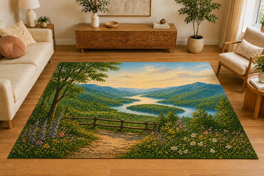 ICE ARMOR 5' x 7' Mountain Lake Overlook Area Rug, Soft Low Pile Indoor Rug with Non-Slip Silicone Backing, Scenic Carpet for Living Room, Bedroom, Office, Family Room, Sage Green