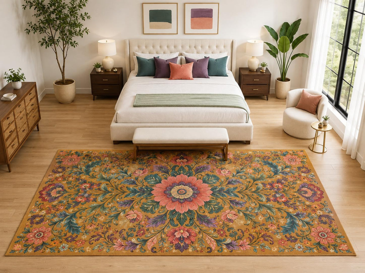 ICE ARMOR "Ultra Light Weight Large 6'7" x 9'10" Boho Floral Medallion Rug, Soft Low Pile Indoor Rug, Non-Slip Silicone Backing for Bedroom Ochre