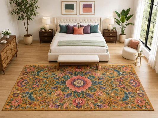 ICE ARMOR "Ultra Light Weight Large 6'7" x 9'10" Boho Floral Medallion Rug, Soft Low Pile Indoor Rug, Non-Slip Silicone Backing for Bedroom Ochre