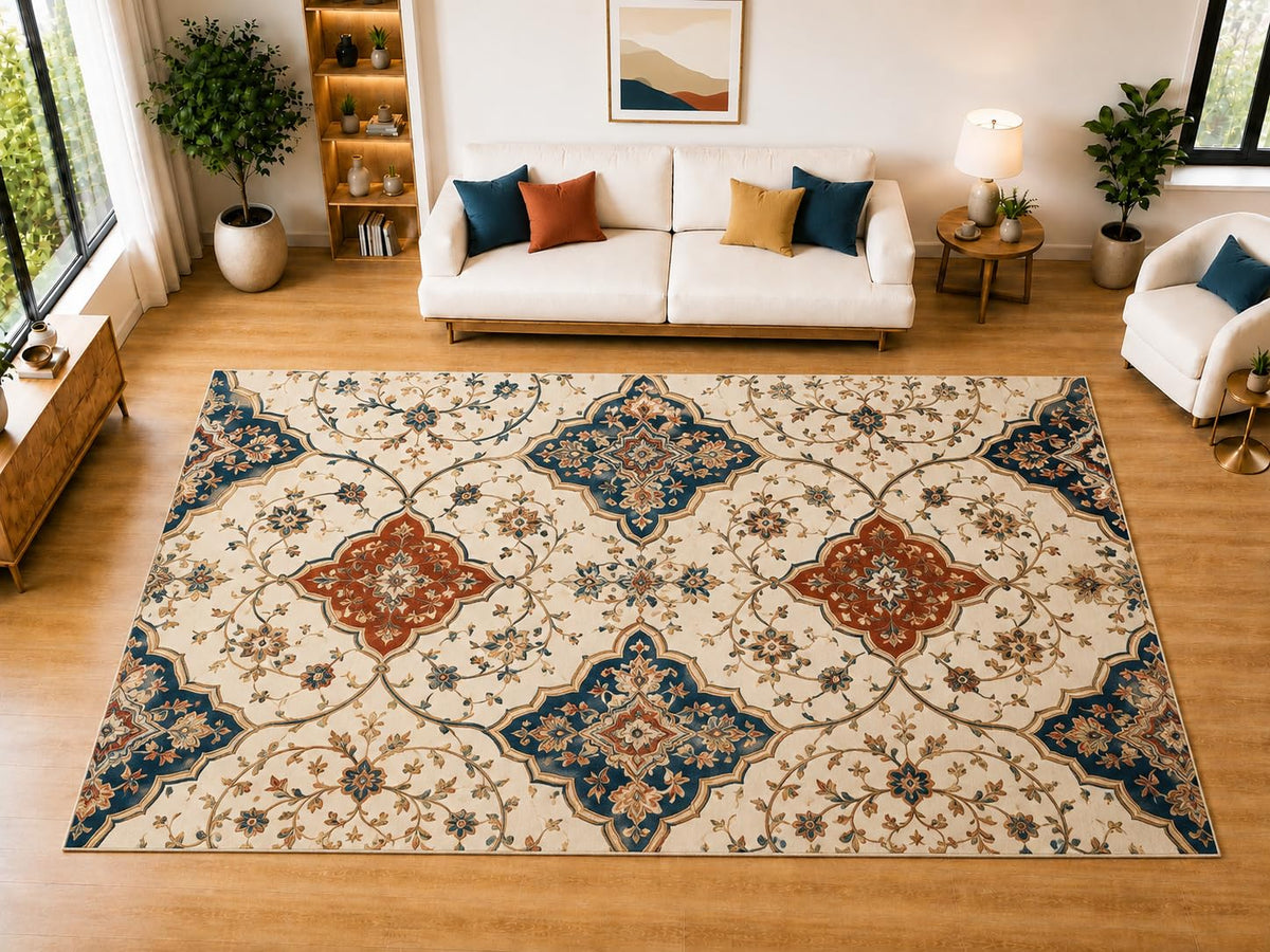 ICE ARMOR "Ultra Light Weight Large 6'7" x 9'10" Moroccan Floral Tile Area Rug for Living Room, Bedroom, Dining Room, Soft Low Pile Non-Slip Backing, Navy Rust Cream
