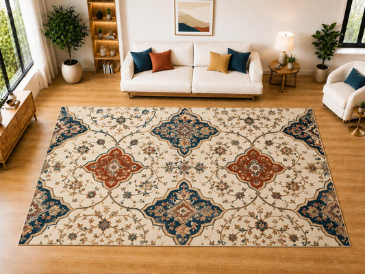 ICE ARMOR "Ultra Light Weight Large 6'7" x 9'10" Moroccan Floral Tile Area Rug for Living Room, Bedroom, Dining Room, Soft Low Pile Non-Slip Backing, Navy Rust Cream