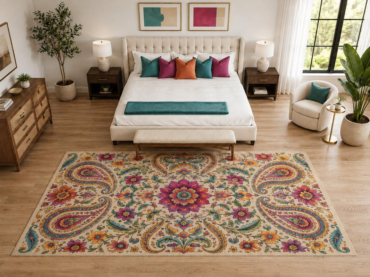 ICE ARMOR "Ultra Light Weight Large 6'7" x 9'10" Boho Floral Garden Rug, Soft Low Pile Indoor Rug, Non-Slip Silicone Backing for Bedroom Beige