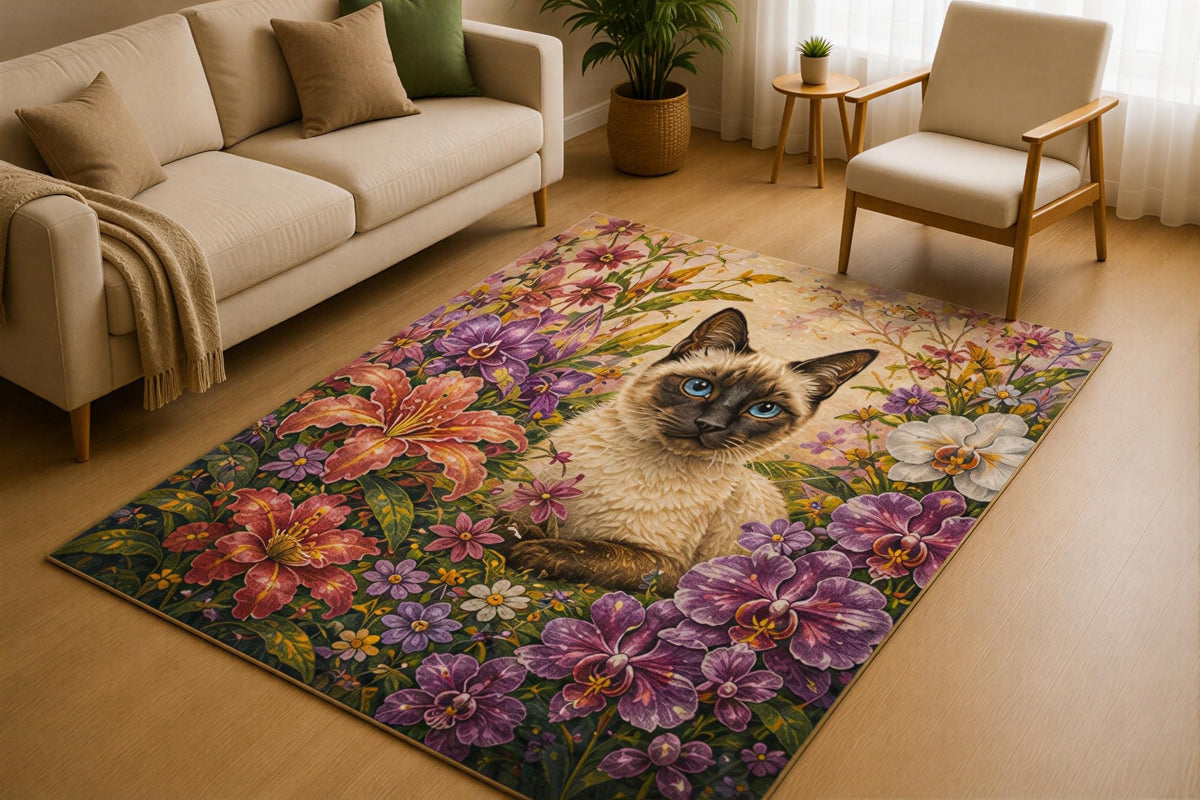 ICE ARMOR 5' x 7' Siamese Cat Floral Garden Area Rug for Living Room, Soft Low Pile Indoor Rug with Non-Slip Silicone Backing, Botanical Carpet for Bedroom, Nursery, Kids & Pets, Cream Purple