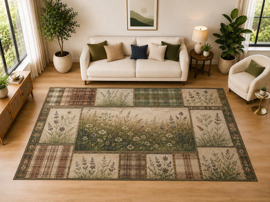 ICE ARMOR "Ultra Light Weight Large 6'7" x 9'10" Wildflower Patchwork, Living Room, Bedroom, Dining Room, Office, Family Room, Soft Low Pile Indoor Rug, Non-Slip Silicone Backing, Beige