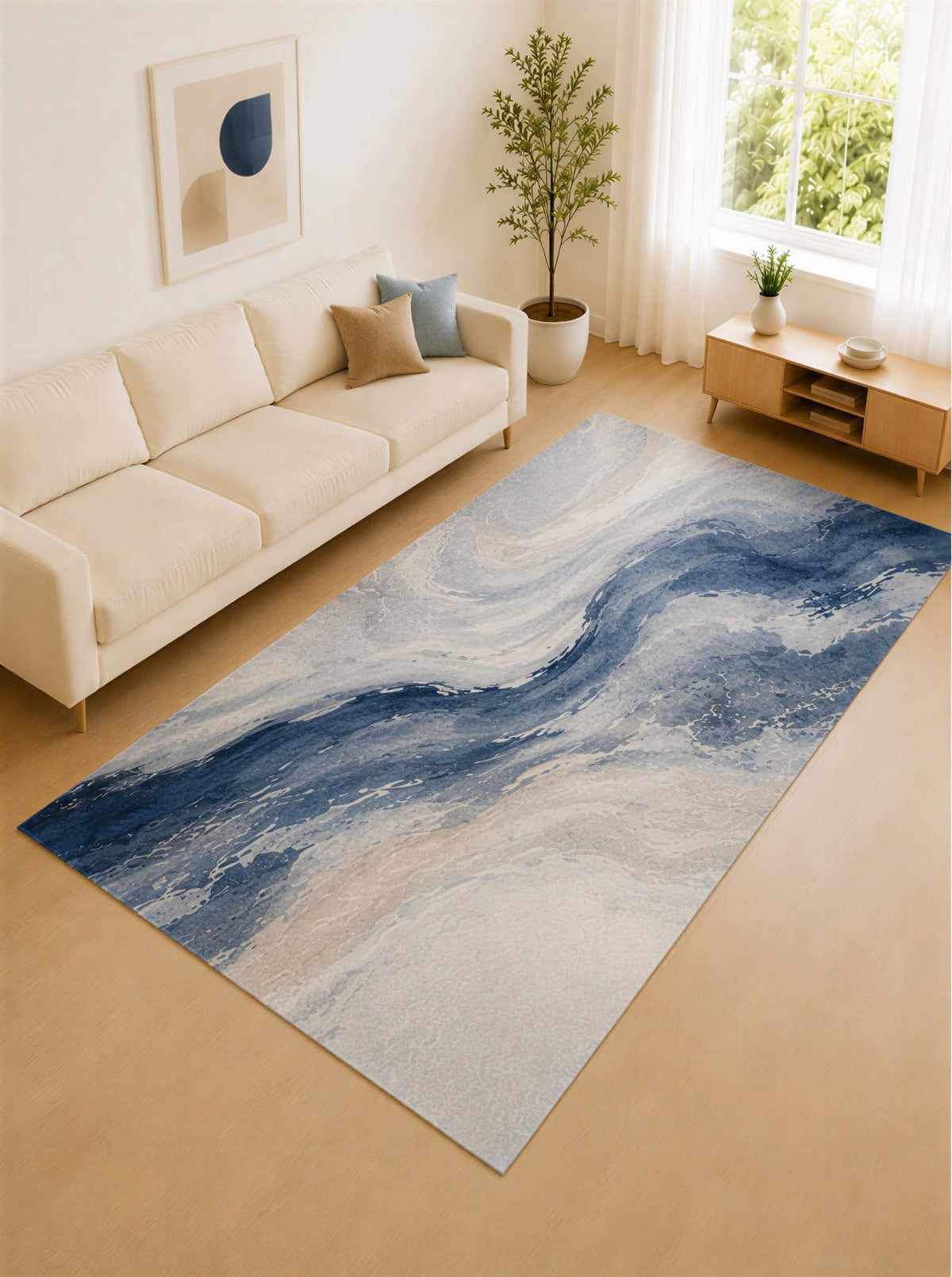 ICE ARMOR Large 6'7" x 9'10" Navy Blue and Ivory Ocean Current Area Rug for Living Room, Soft Low Pile Carpet with Non-Slip Silicone Backing, Decor for Bedroom and Home Office