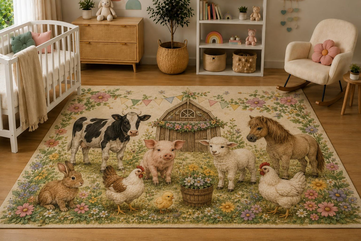 ICE ARMOR 5' x 7' Baby Farm Friends Floral Barn Area Rug for Nursery, Soft Low Pile Indoor Rug with Non-Slip Silicone Backing, Kids Room, Playroom, Kids & Pets, Beige Pastel