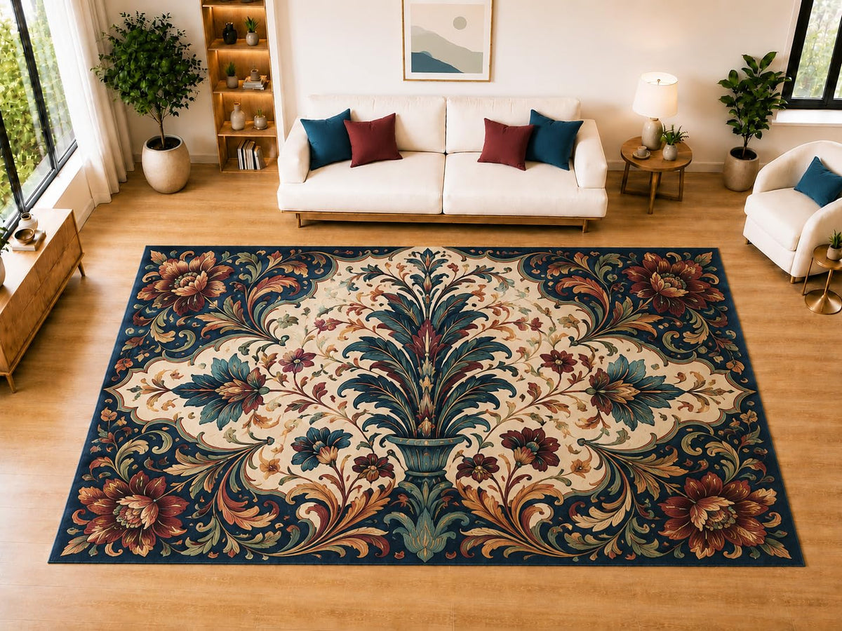 ICE ARMOR "Ultra Light Weight Large 6'7" x 9'10" Traditional Floral Urn Area Rug for Living Room, Bedroom, Dining Room, Soft Low Pile Non-Slip Backing, Navy Burgundy Cream