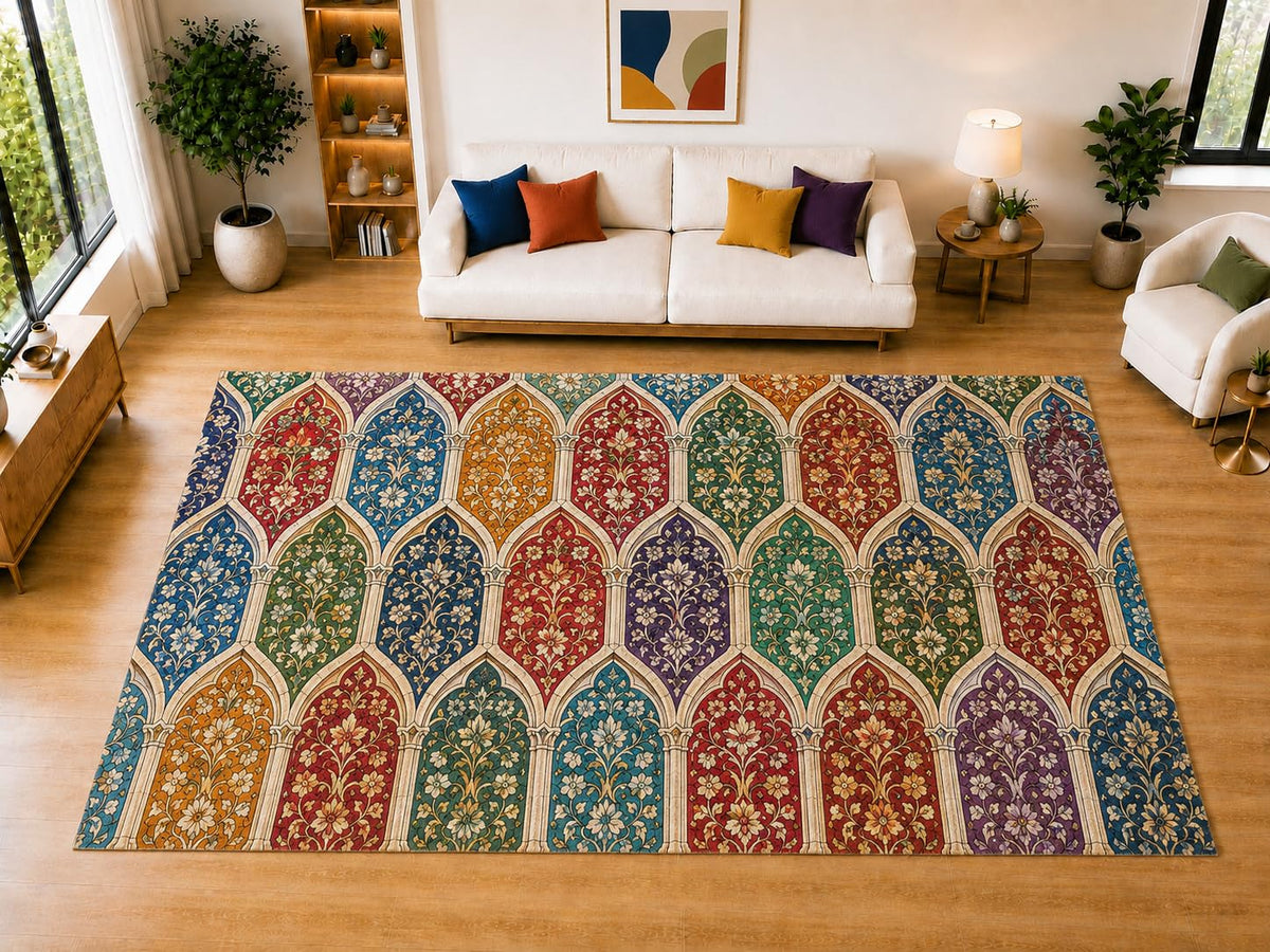 ICE ARMOR "Ultra Light Weight Large 6'7" x 9'10" Floral Arch Panel Area Rug for Living Room Bedroom Dining Room, Soft Low Pile Non-Slip Backing, Red Teal Orange Purple Traditional Decor