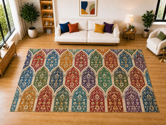 ICE ARMOR "Ultra Light Weight Large 6'7" x 9'10" Floral Arch Panel Area Rug for Living Room Bedroom Dining Room, Soft Low Pile Non-Slip Backing, Red Teal Orange Purple Traditional Decor