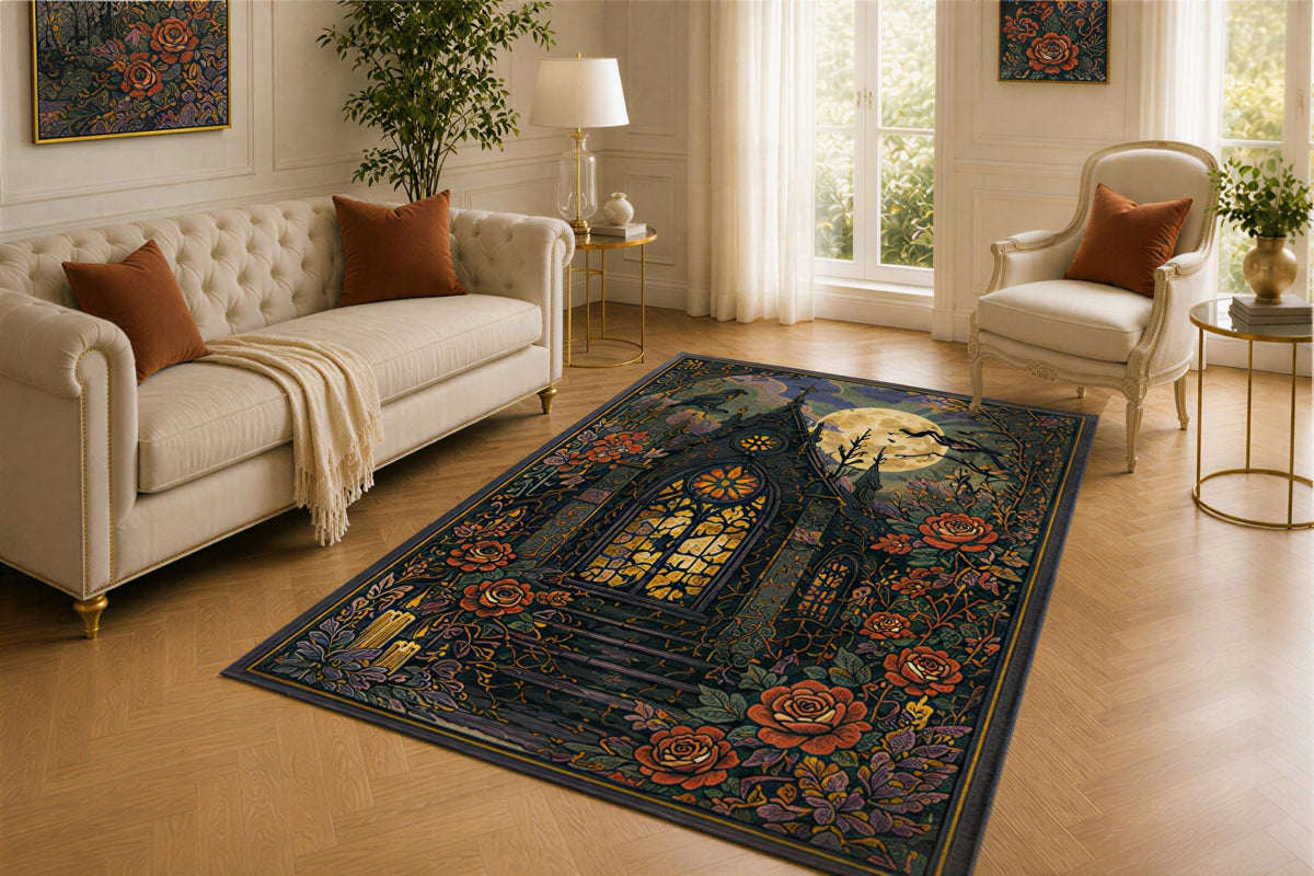 ICE ARMOR 5' x 7' Gothic Chapel Rug, Rose Garden and Full Moon Design, Smooth Printed Floor Cover for Parlor, Bedroom, Library and Romantic Home Decor