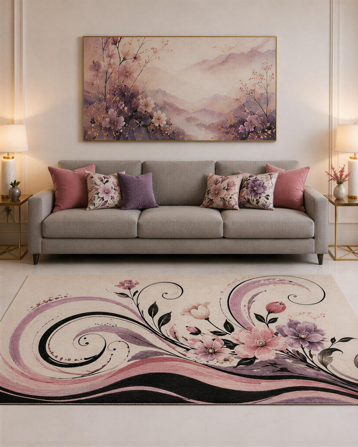 ICE ARMOR "Ultra Lightweight Large 6'7" x 9'10" Purple and Pink Botanical Scroll Area Rug for Living Room, Bedroom and Home Office, Soft Low Pile Carpet with Non-Slip Silicone Backing