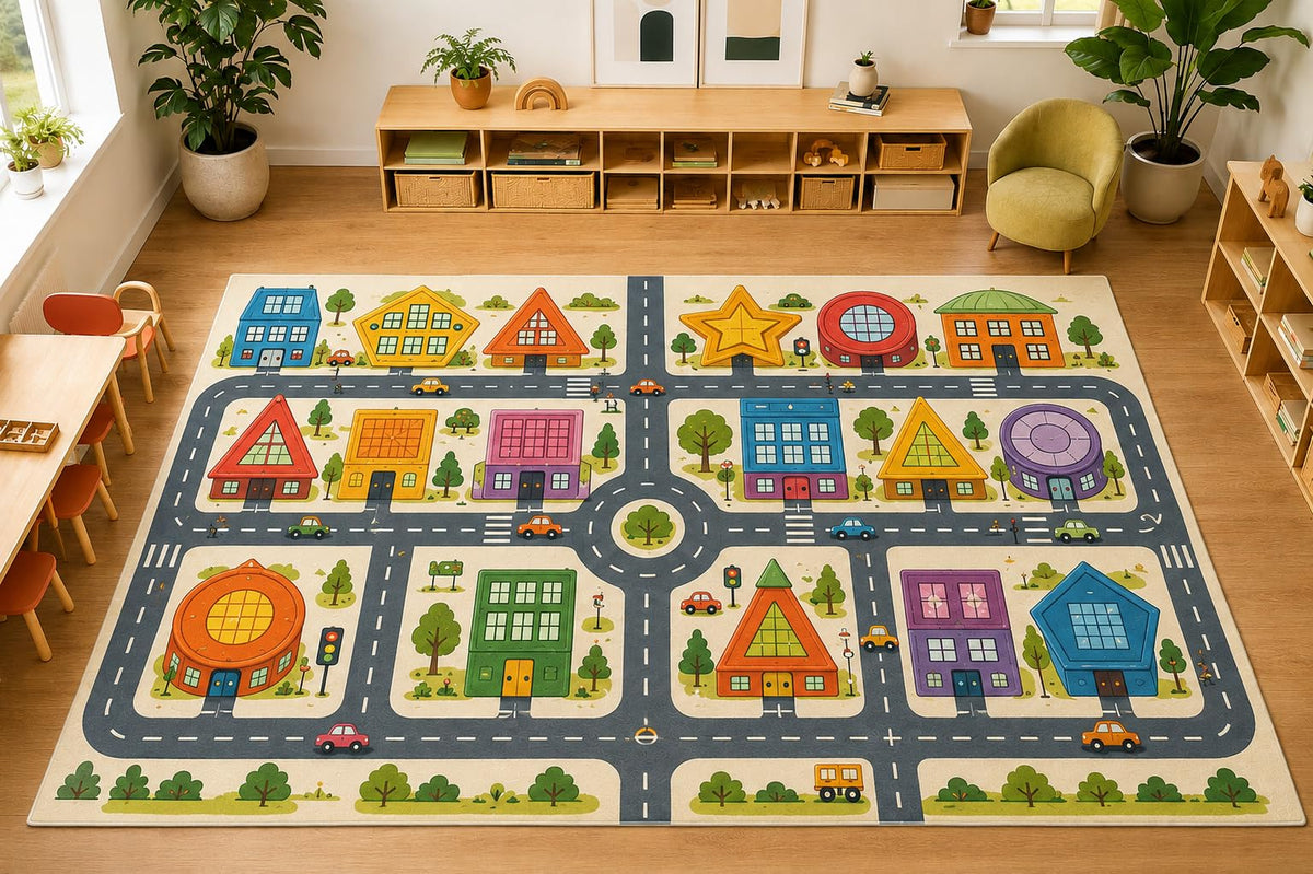 ICE ARMOR Large 6'7" x 9'10" Kids City Road Play Area Rug, Soft Low Pile Indoor Rug with Non-Slip Silicone Backing for Kids Room Playroom, Ivory