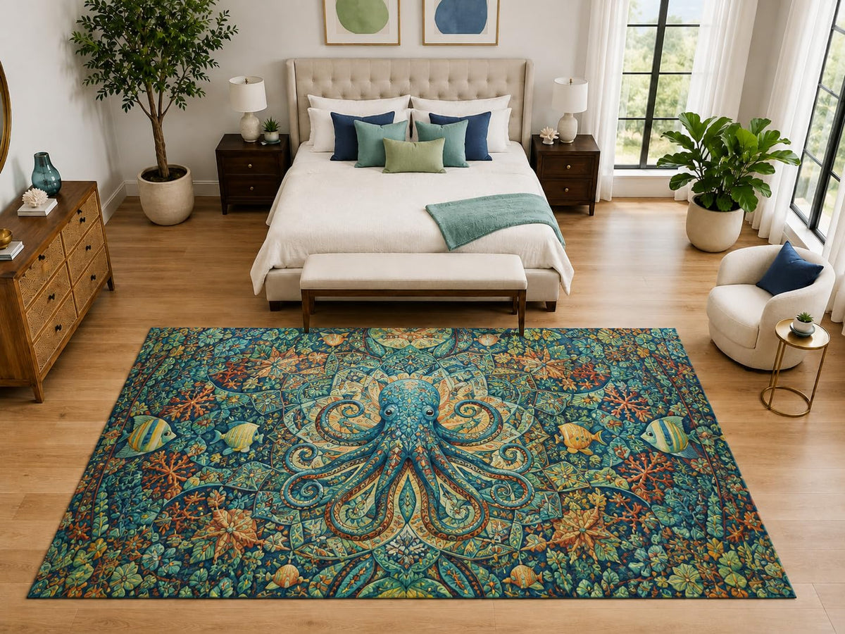 ICE ARMOR "Ultra Light Weight Large 6'7" x 9'10" Octopus Mandala Rug Bedroom, Soft Low Pile Indoor Rug and Non-Slip Silicone Backing, Teal