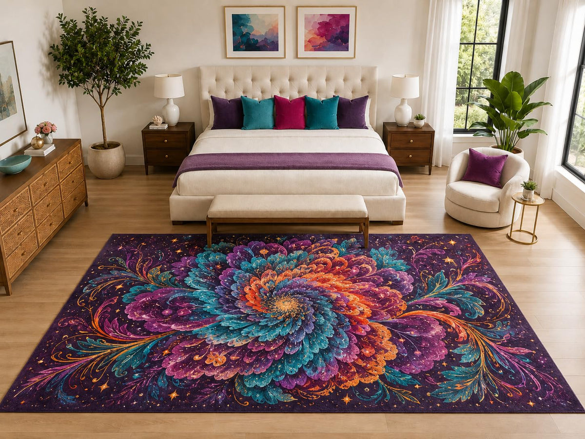 ICE ARMOR "Ultra Light Weight Large 6'7" x 9'10" Cosmic Floral Rug, Soft Low Pile Indoor Rug, Non-Slip Silicone Backing for Bedroom Purple