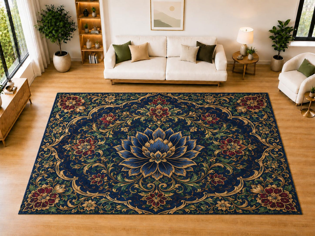 ICE ARMOR "Ultra Light Weight Large 6'7" x 9'10" Midnight Lotus Floral Area Rug for Living Room, Bedroom, Dining Room, Soft Low Pile Non-Slip Backing, Navy Burgundy Green