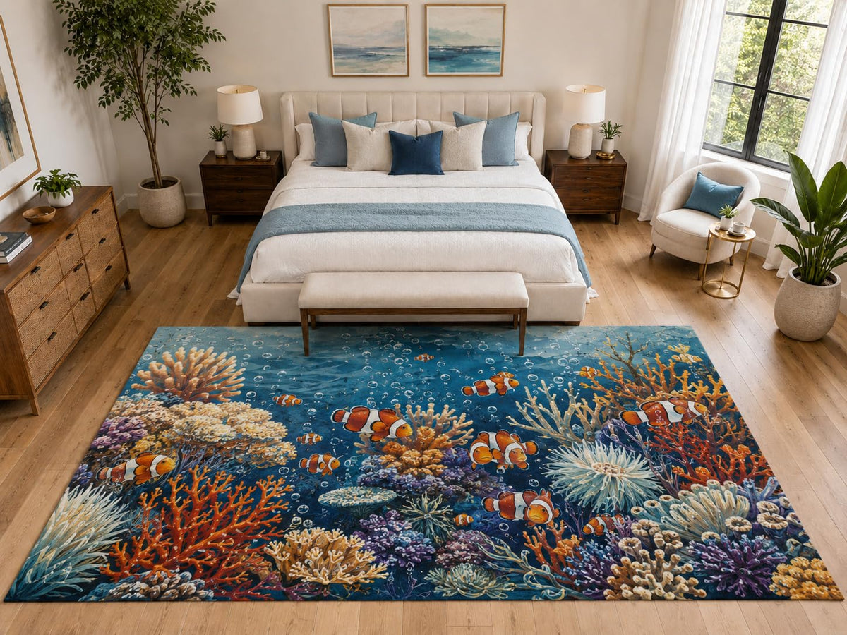 ICE ARMOR "Ultra Light Weight Large 6'7" x 9'10" Clownfish Reef for Kids Room, Soft Low Pile Indoor Rug and Non-Slip Silicone Backing, Blue