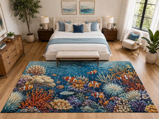 ICE ARMOR "Ultra Light Weight Large 6'7" x 9'10" Clownfish Reef for Kids Room, Soft Low Pile Indoor Rug and Non-Slip Silicone Backing, Blue