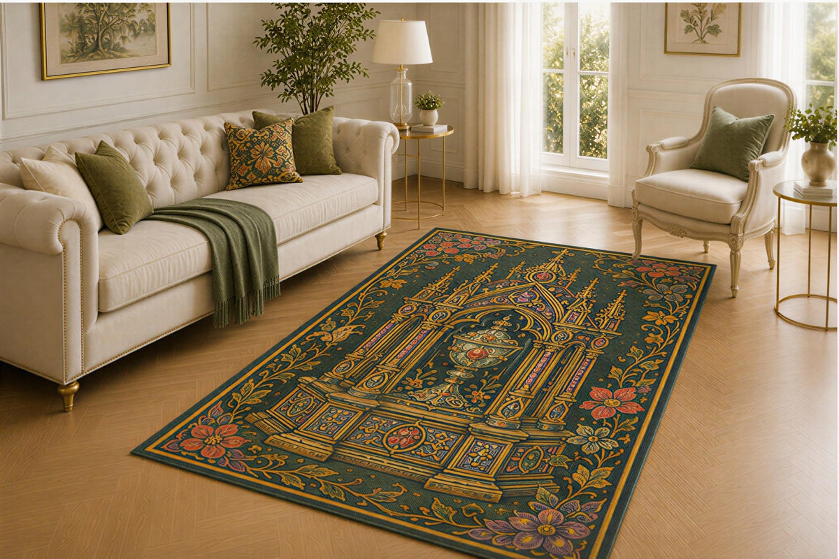 ICE ARMOR 5' x 7' Gothic Reliquary Rug, Jeweled Shrine, Cathedral Arches and Floral Border Design, Smooth Printed Floor Cover for Bedroom, Living Room, Library and Medieval Decor