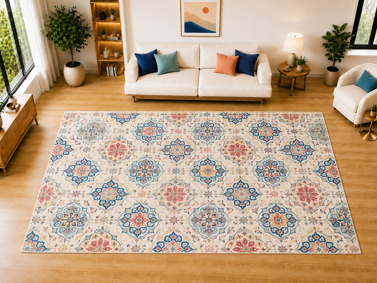 ICE ARMOR "Ultra Light Weight Large 6'7" x 9'10" Floral Tile Area Rug for Living Room, Bedroom, Dining Room, Soft Low Pile Non-Slip Backing, Ivory Blue Coral