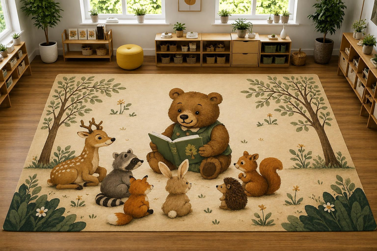 ICE ARMOR Large 6'7" x 9'10" Woodland Bear Reading Area Rug, Soft Low Pile Indoor Rug with Non-Slip Silicone Backing for Nursery, Kids Room, Beige