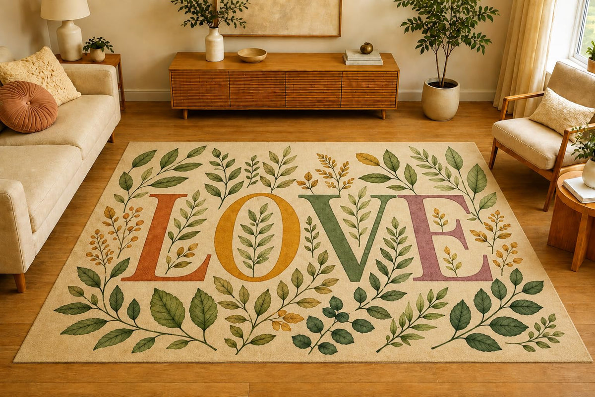 ICE ARMOR 5' x 7' Minimal Botanical Leaf Love Area Rug, Soft Low Pile Indoor Rug with Non-Slip Silicone Backing, Decorative Carpet for Living Room, Bedroom, Office, Sage Green