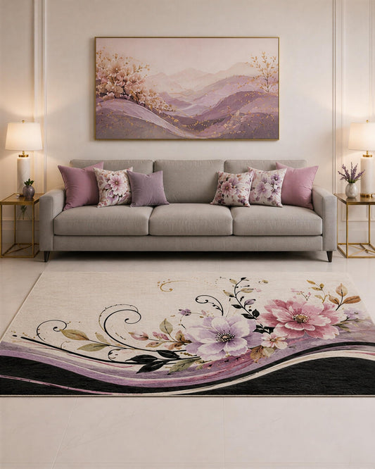 ICE ARMOR "Ultra Lightweight Large 6'7" x 9'10" Lavender and Blush Flower Crest Wave Area Rug for Living Room, Bedroom and Home Office, Soft Low Pile Carpet with Non-Slip Silicone Backing