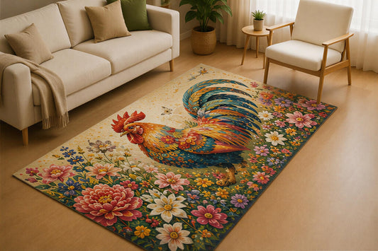 ICE ARMOR 5' x 7' Colorful Rooster Floral Farmhouse Area Rug for Living Room, Soft Low Pile Indoor Rug with Non-Slip Silicone Backing, Country Carpet for Bedroom, Dining Room, Multicolor