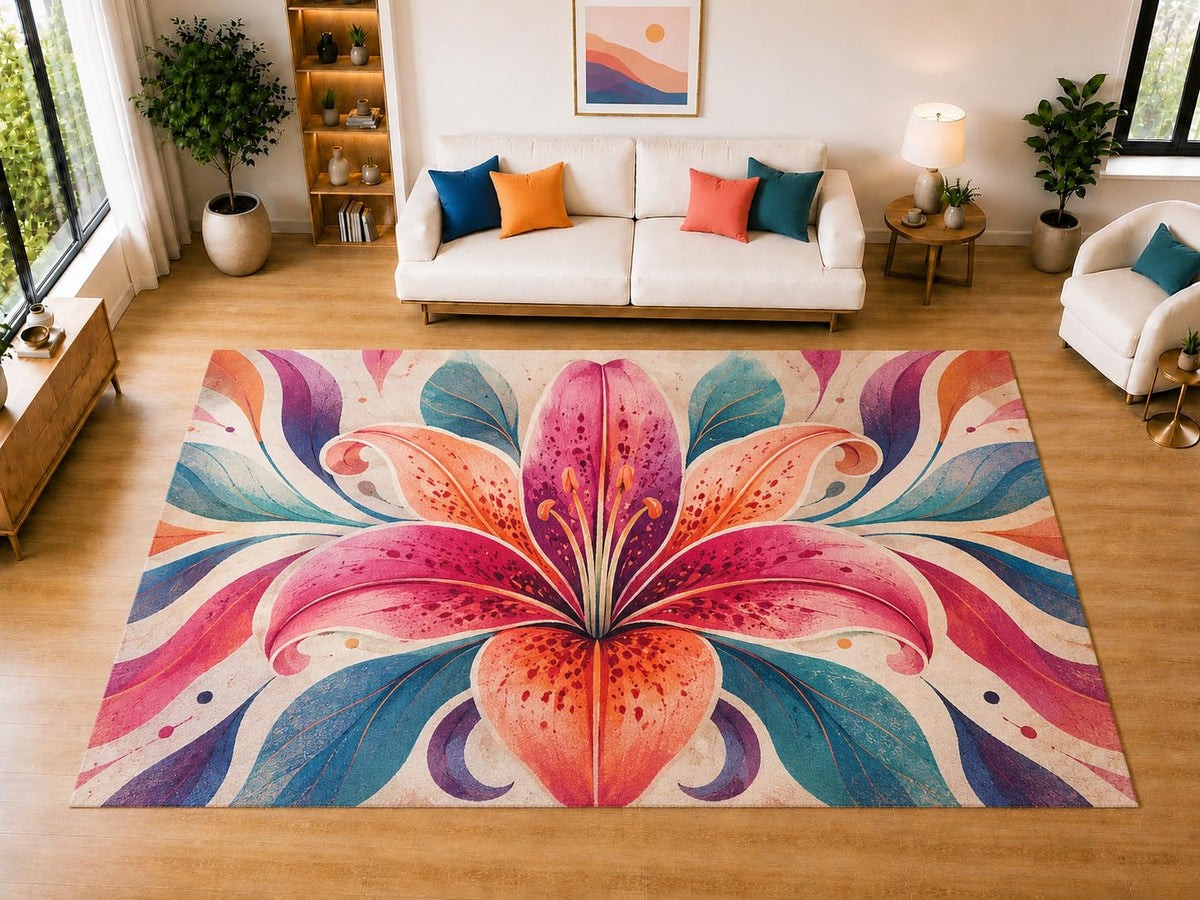 ICE ARMOR "Ultra Light Weight Large 6'7" x 9'10" Lily Flower Area Rug for Living Room Bedroom Dining Room, Soft Low Pile Non-Slip Backing, Pink Orange Teal Cream Floral Decor