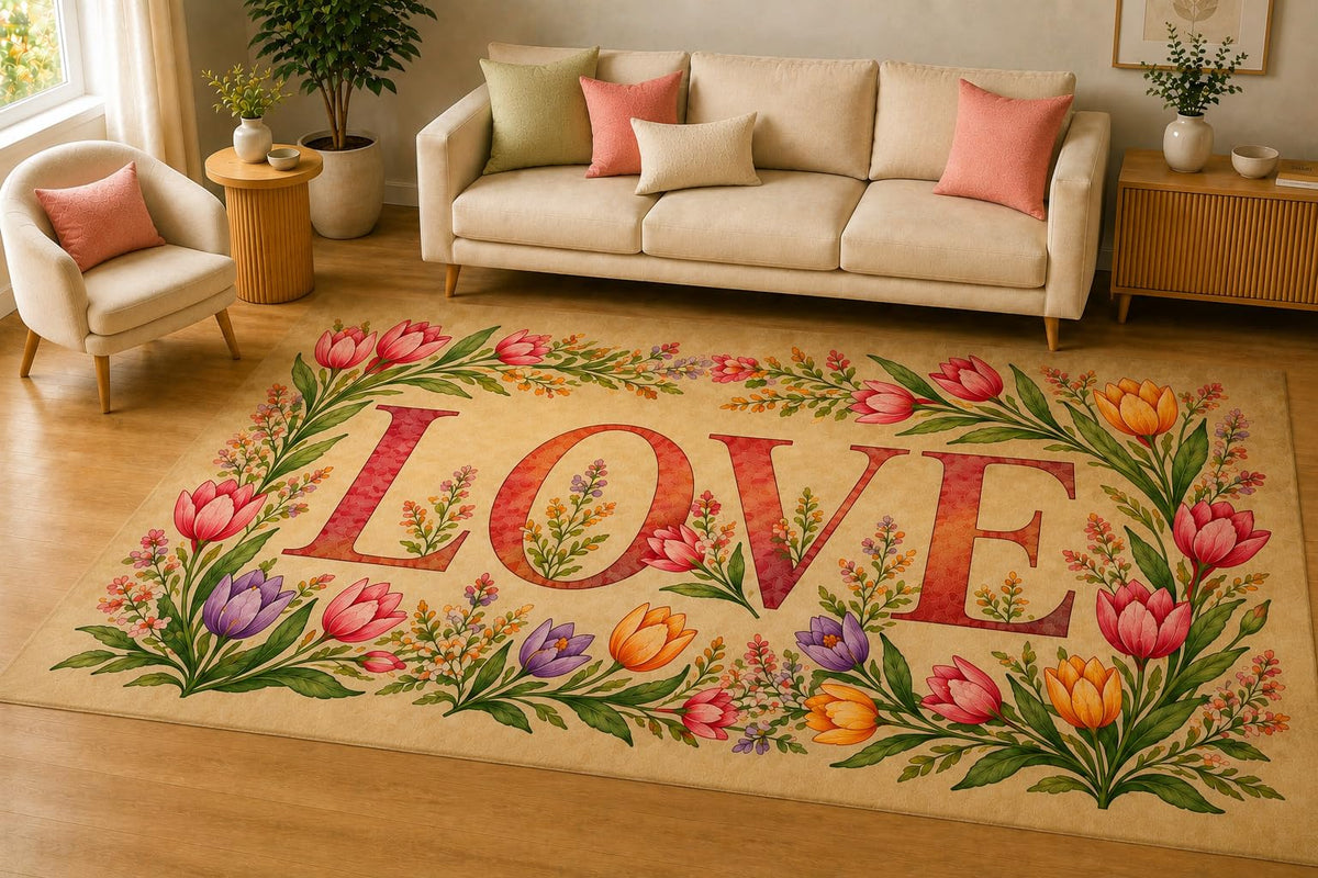 ICE ARMOR 5' x 7' Tulip Floral Love Area Rug, Soft Low Pile Indoor Rug with Non-Slip Silicone Backing, Decorative Carpet for Living Room, Bedroom, Family Room, Beige Pink