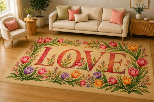 ICE ARMOR 5' x 7' Tulip Floral Love Area Rug, Soft Low Pile Indoor Rug with Non-Slip Silicone Backing, Decorative Carpet for Living Room, Bedroom, Family Room, Beige Pink