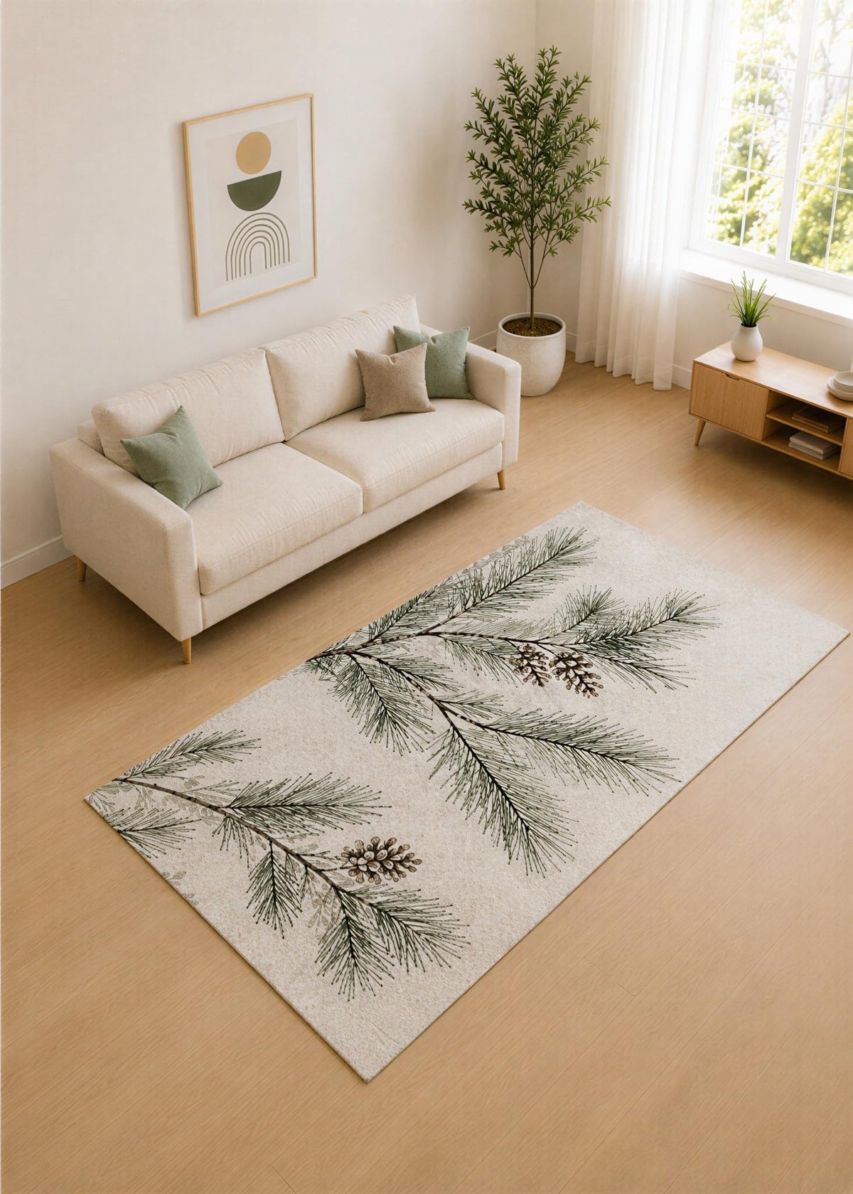 ICE ARMOR 5' x 7' Sage Green and Ivory Pine Branch Area Rug for Living Room, Soft Low Pile Carpet with Non-Slip Silicone Backing, Decor for Bedroom and Home Office