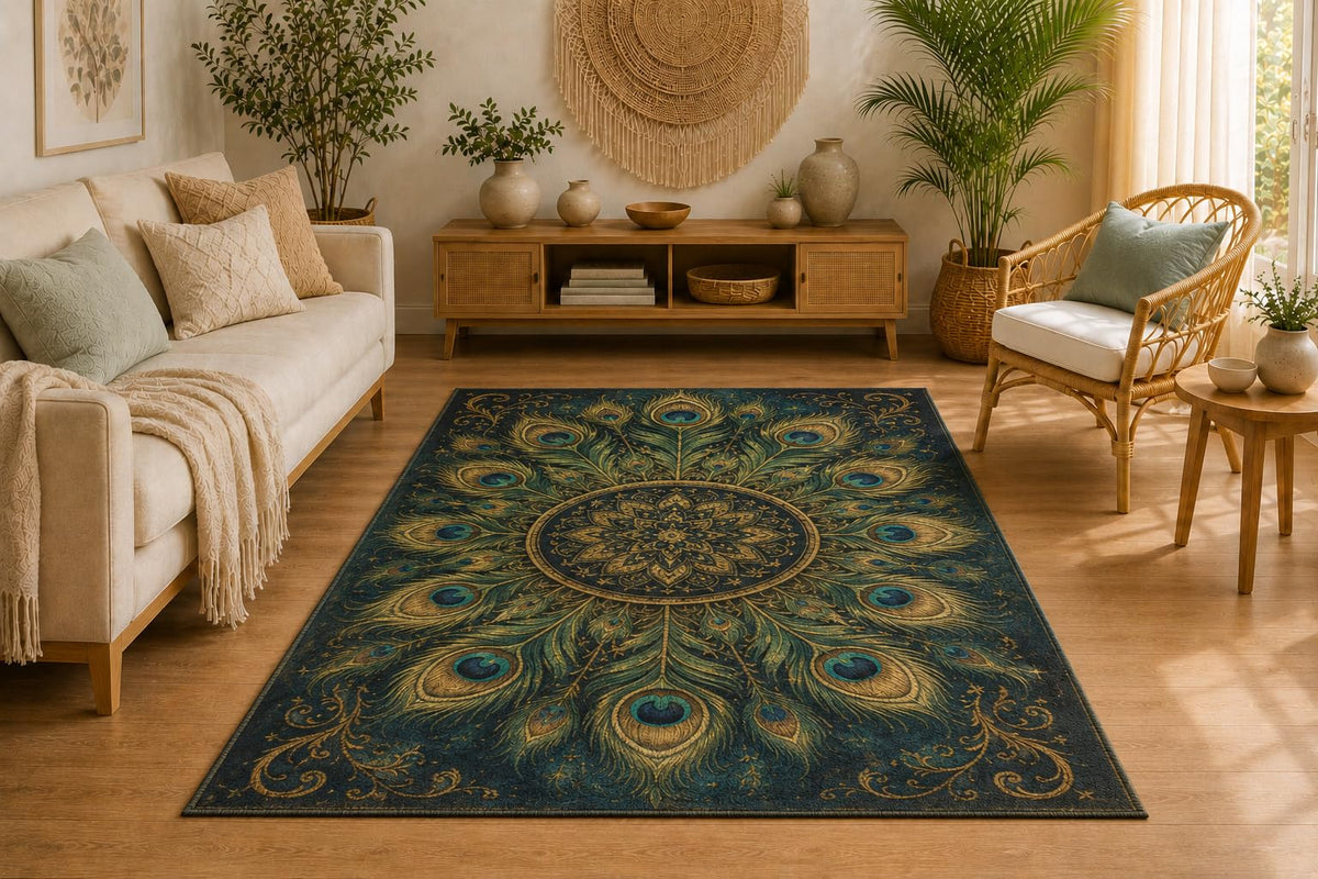ICE ARMOR 5' x 7' Peacock Feather Mandala Area Rug, Soft Low Pile Indoor Rug with Non-Slip Silicone Backing, Decorative Carpet for Living Room, Bedroom, Dining Room, Office, Bohemian Elegance