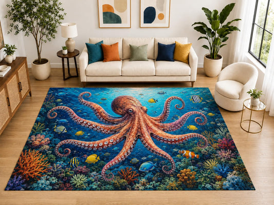ICE ARMOR "Ultra Light Weight Large 6'7" x 9'10" Giant Octopus Reef Rug Living Room, Soft Low Pile Indoor Rug and Non-Slip Silicone Backing, Blue